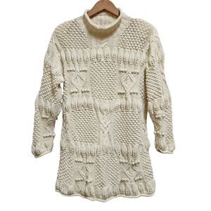 Vtg Yarnworks Hand Knit Dress Sz M Cotton Ramie Cream Long Slv Pom Poms Grandma